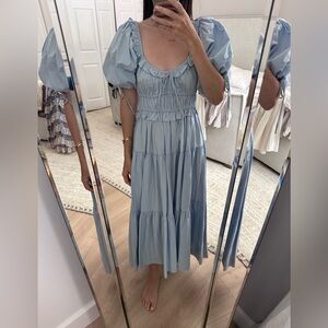 En Saison Poplin Puff-Sleeve Tiered Midi Dress in Light Blue, Size XS, NWOT